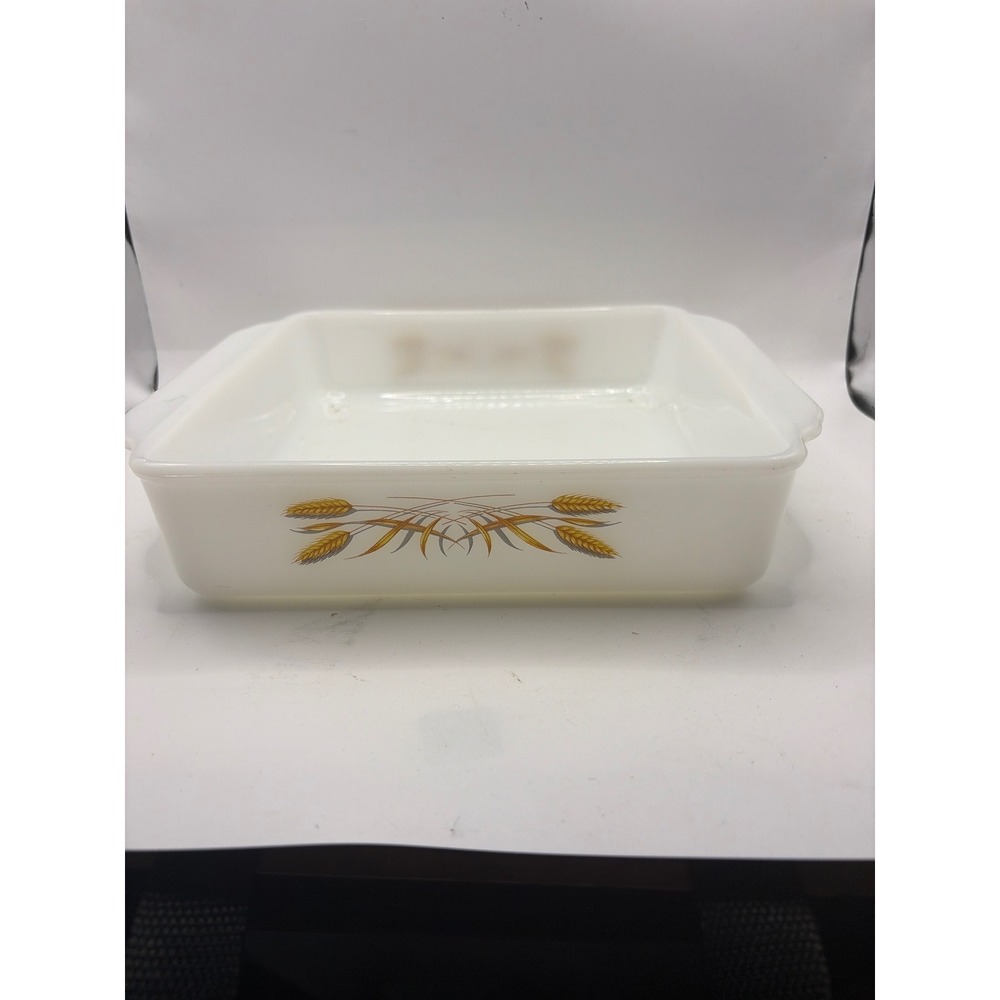 Fire-King 452‎ Milk Glass Wheat Pattern Square Baking Dish 8x8 Vintage USA